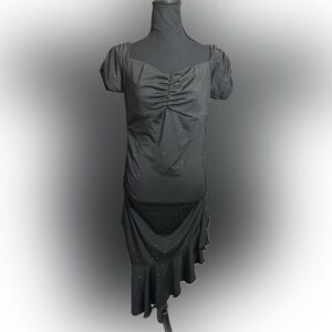 HOMEYEE Sexy Black Asymmetrical Glitter Ruffle Hem Slim Bodycon Dress size XL
